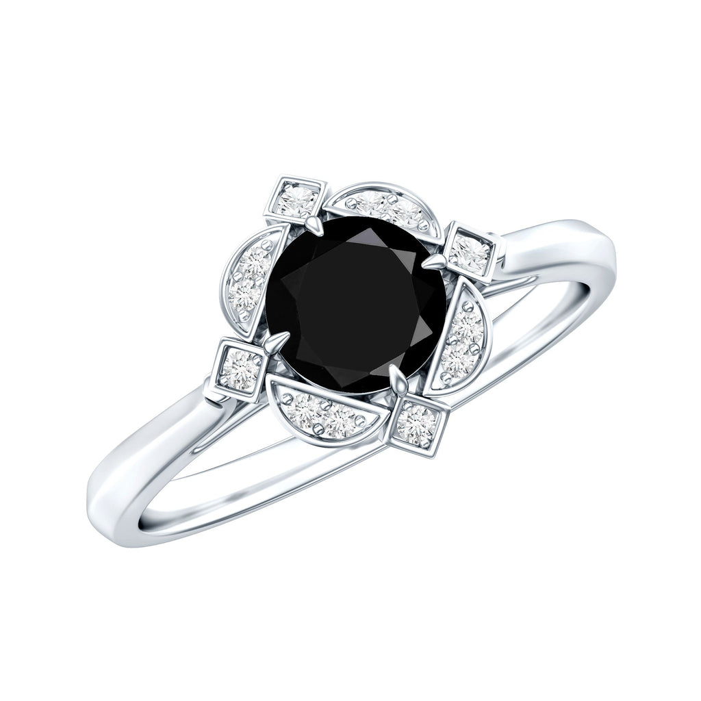 Round Cut Black Onyx and Diamond Flower Engagement Ring