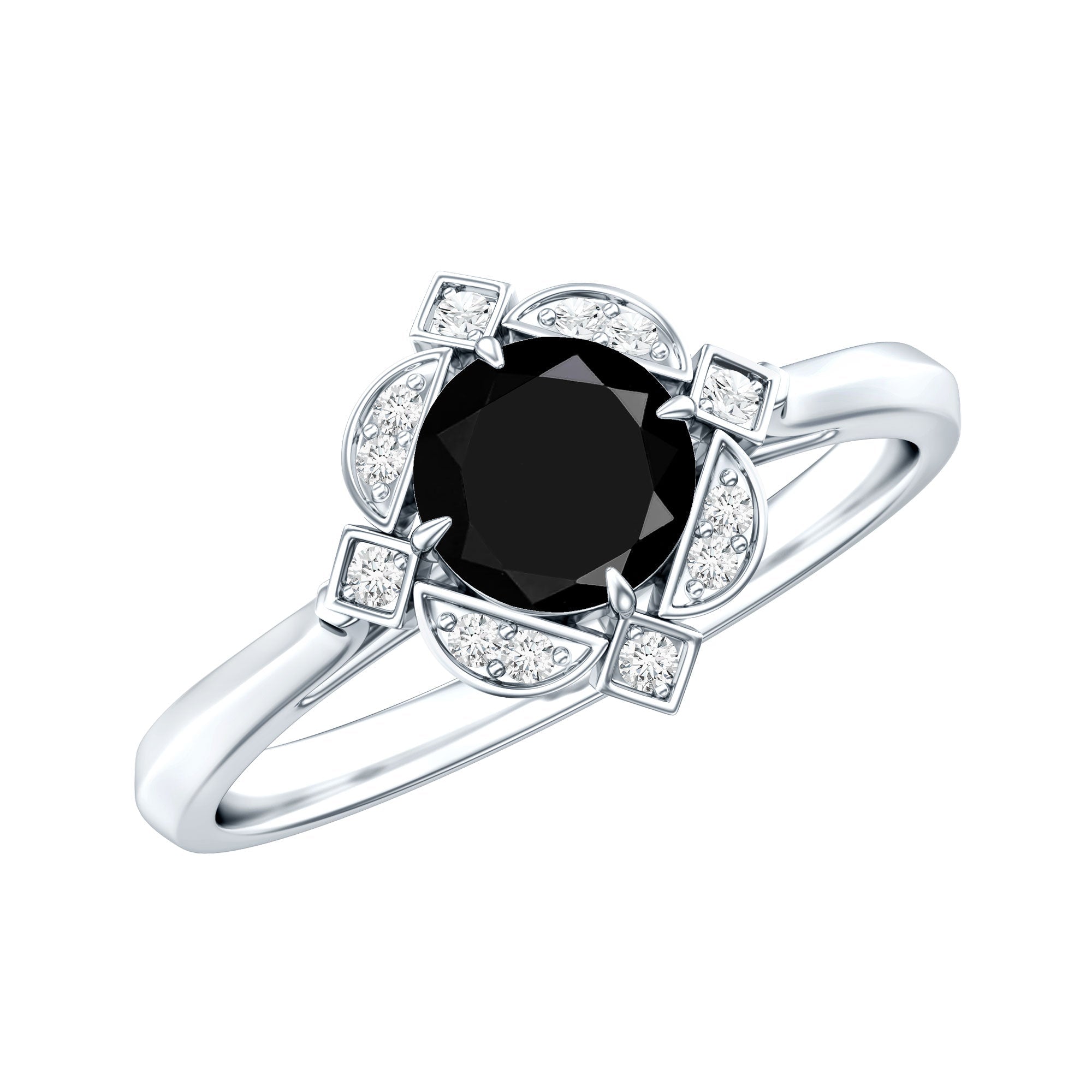 Round Cut Black Onyx and Diamond Flower Engagement Ring