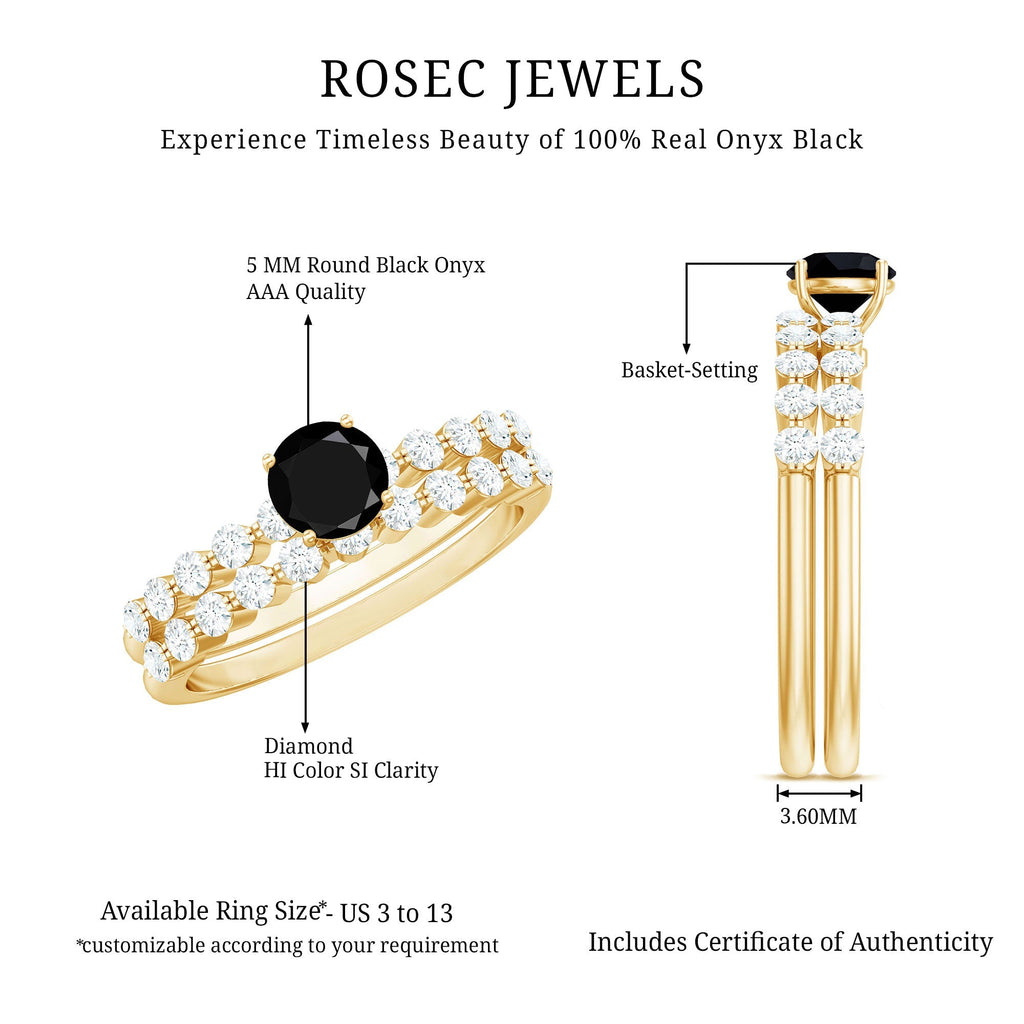 Round Cut Black Onyx and Diamond Stacking Wedding Ring Set