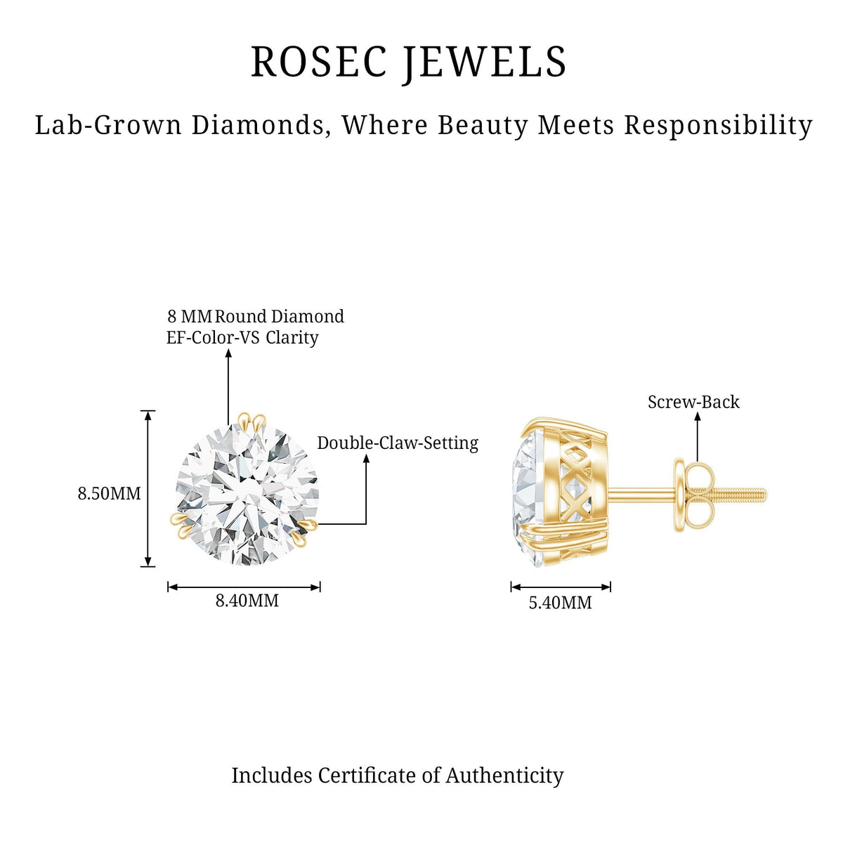 Round Diamond Studs - 4 Carat Classic Screw Back Earrings | Secure Everyday Wear