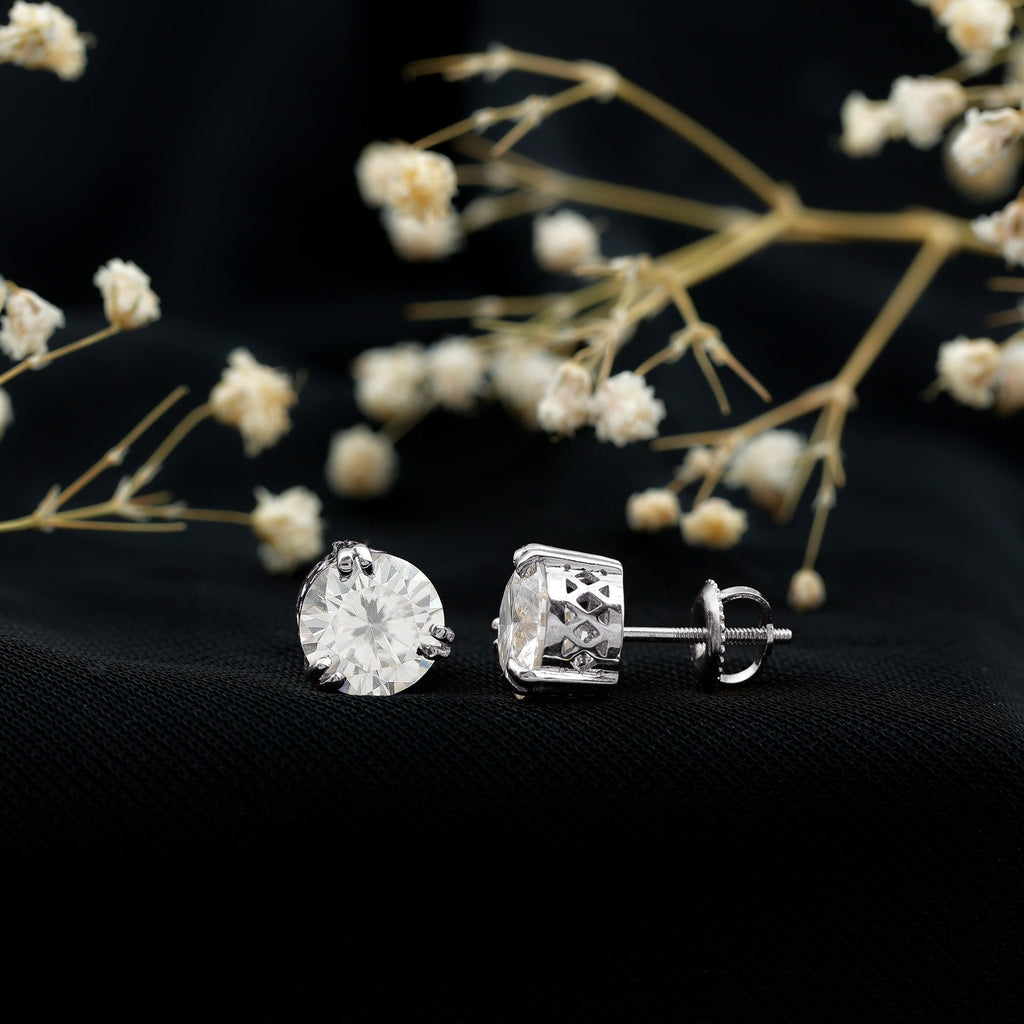 Round Diamond Studs - 4 Carat Classic Screw Back Earrings | Secure Everyday Wear