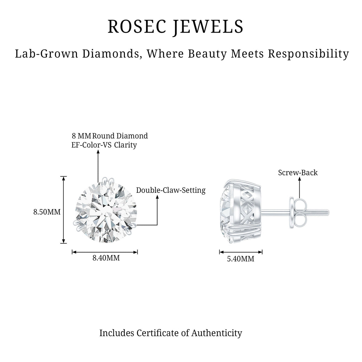 Round Diamond Studs - 4 Carat Classic Screw Back Earrings | Secure Everyday Wear