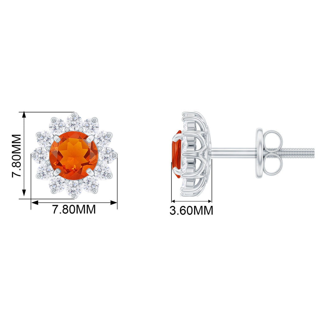 Round Fire Opal and Diamond Flower Halo Stud Earrings