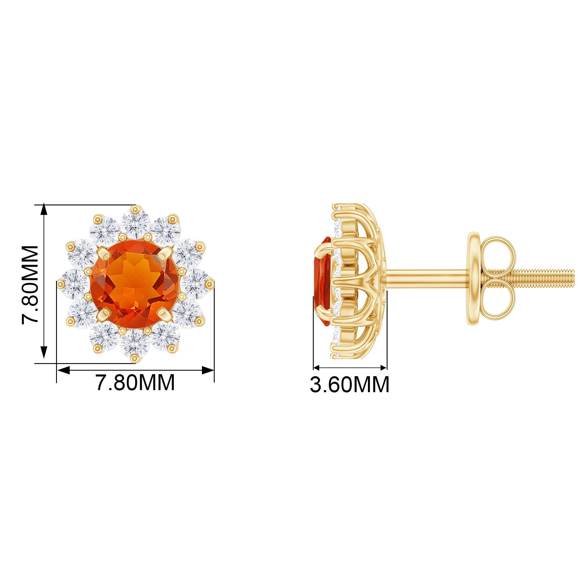 Round Fire Opal and Diamond Flower Halo Stud Earrings