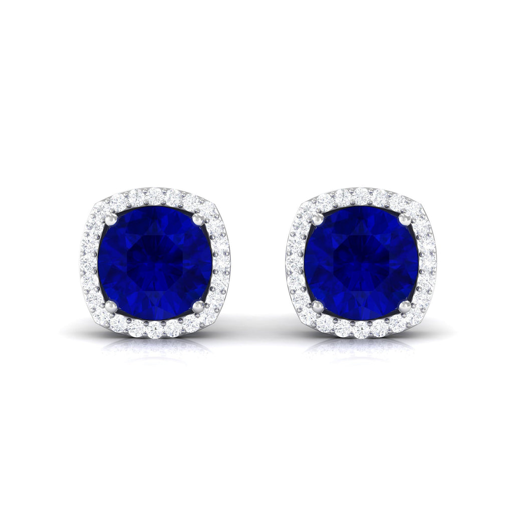 Round Lab Created Blue Sapphire Stud Earrings with Diamond Halo