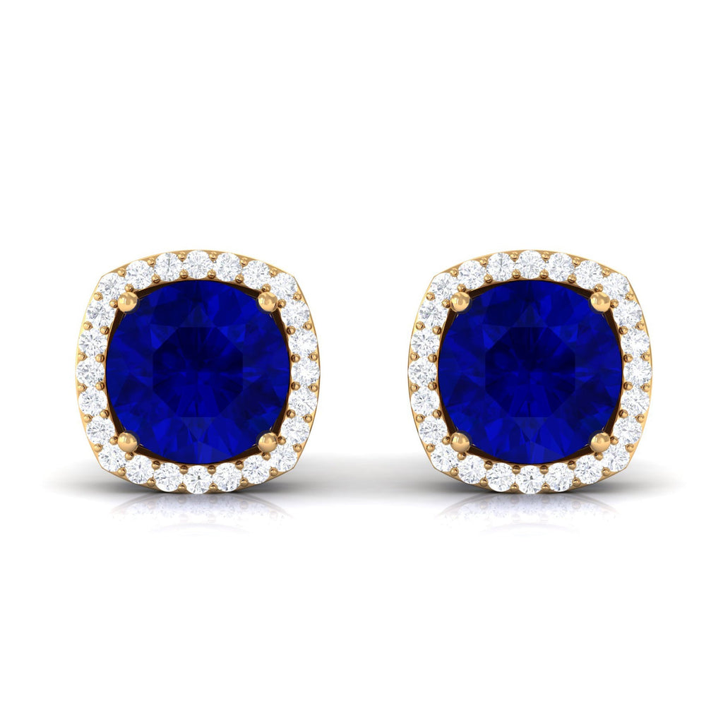 Round Lab Created Blue Sapphire Stud Earrings with Diamond Halo
