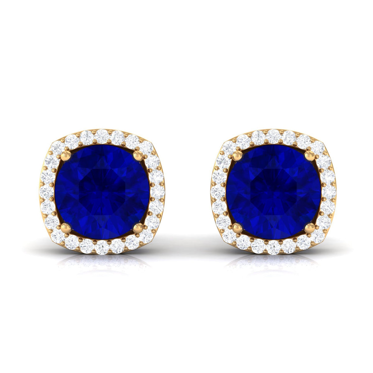 Round Lab Created Blue Sapphire Stud Earrings with Diamond Halo