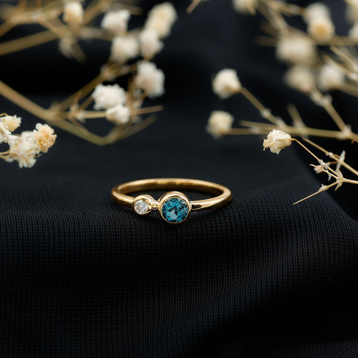 Round London Blue Topaz and Lab Diamond Two Stone Promise Ring For Her