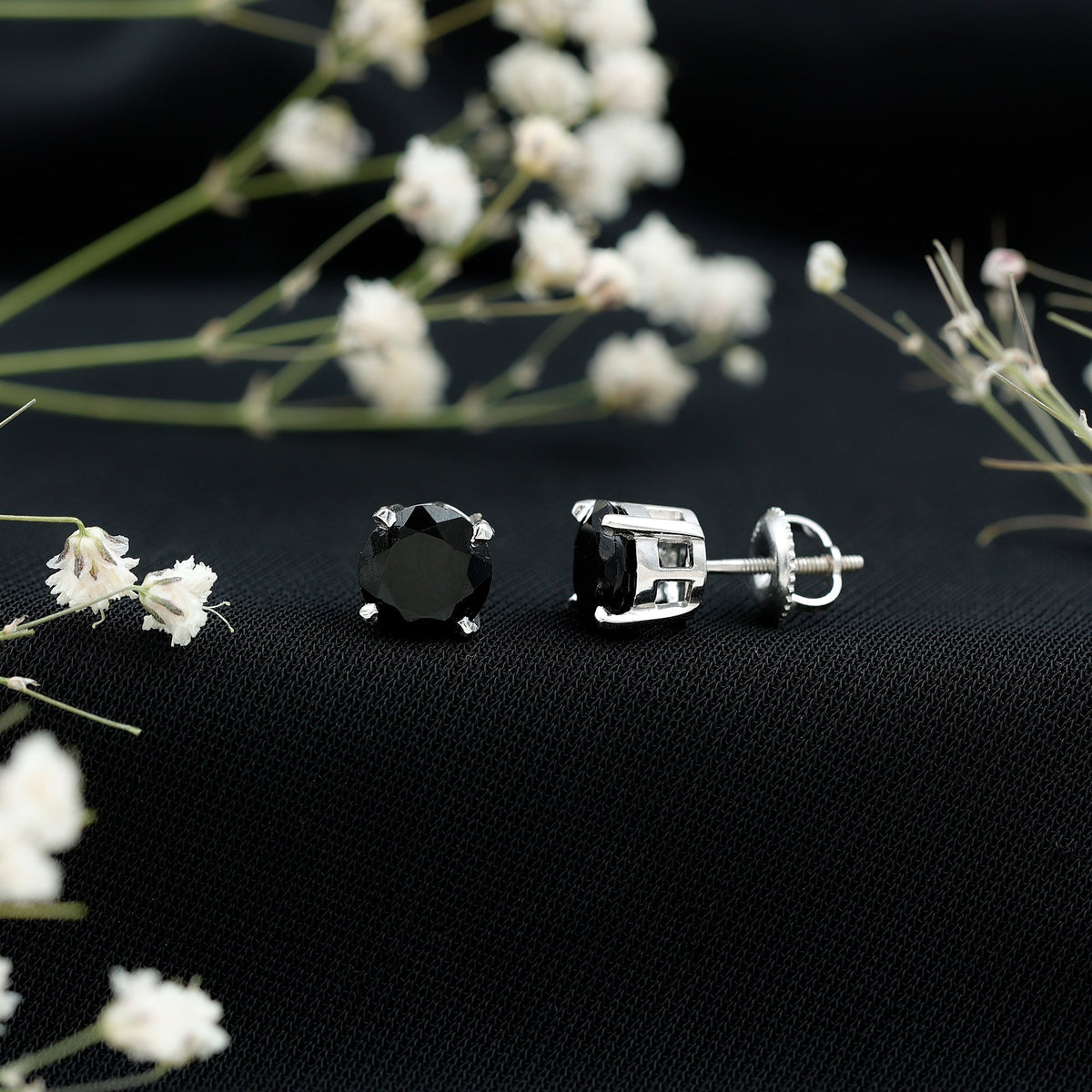 Round shape Lab Grown Black Diamond Solitaire Stud Earrings