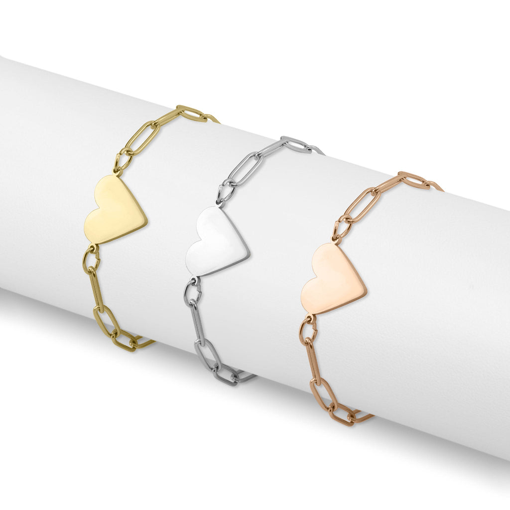 Gold Heart Bracelet – 18K Gold PVD Paperclip Chain Adjustable Stainless Steel Jewelry