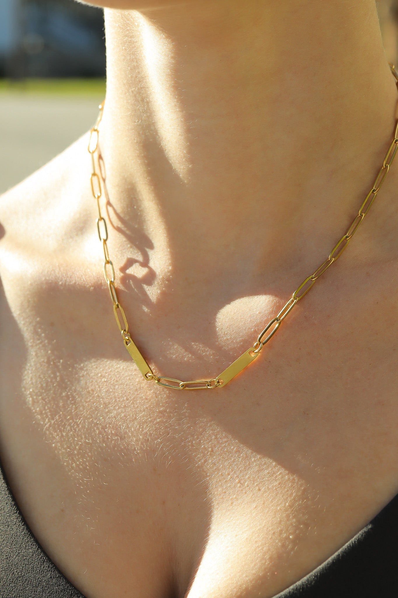 18K Gold PVD Stainless Steel Engravable Paperclip 2 Bar Necklace / SBB0312