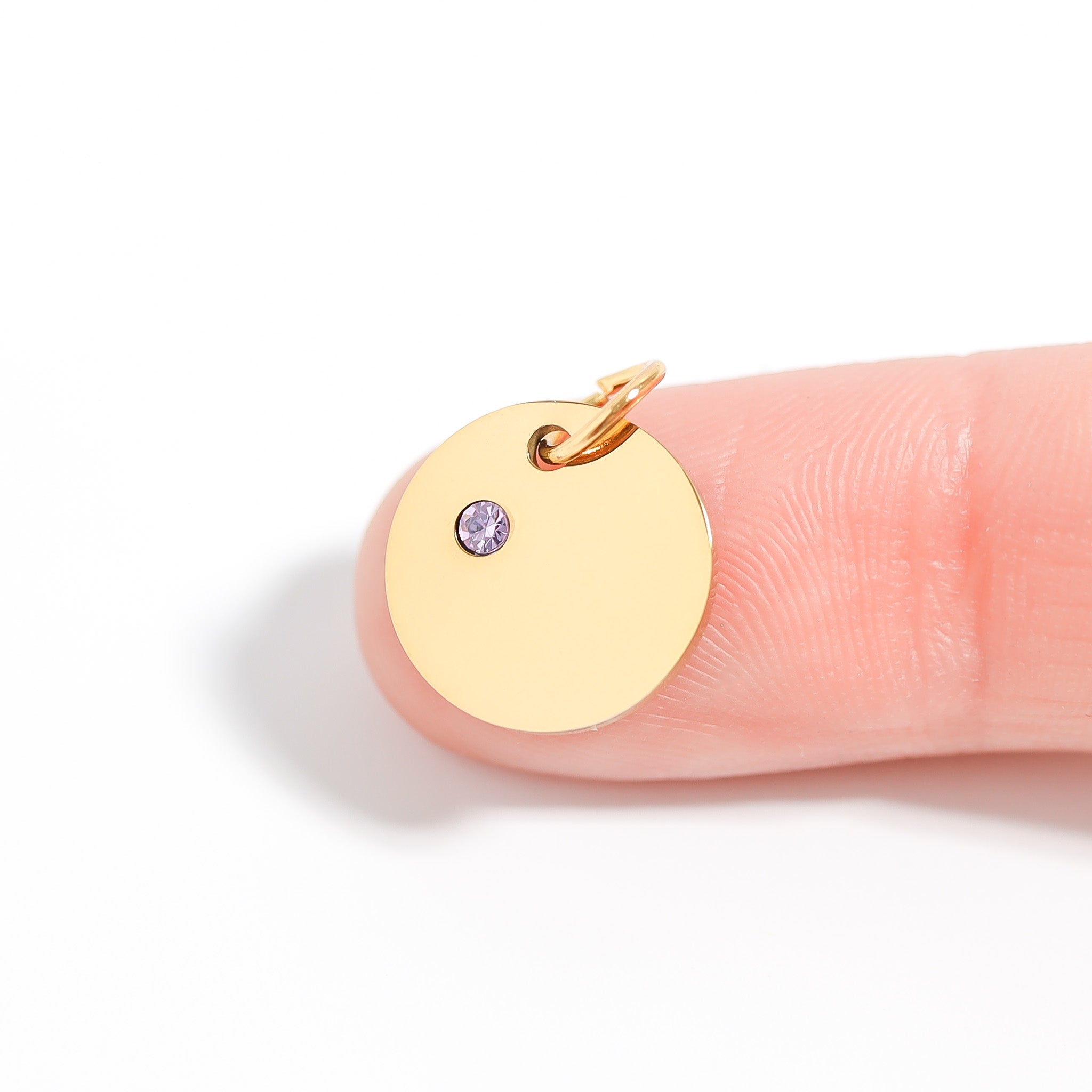 18K Gold Birthstone Charm - Engraved Stainless Steel CZ Pendant, Custom Gold PVD Coated