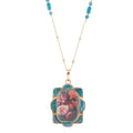 Scenic Red Florals Blue Apatite Golden Pendant Necklace
