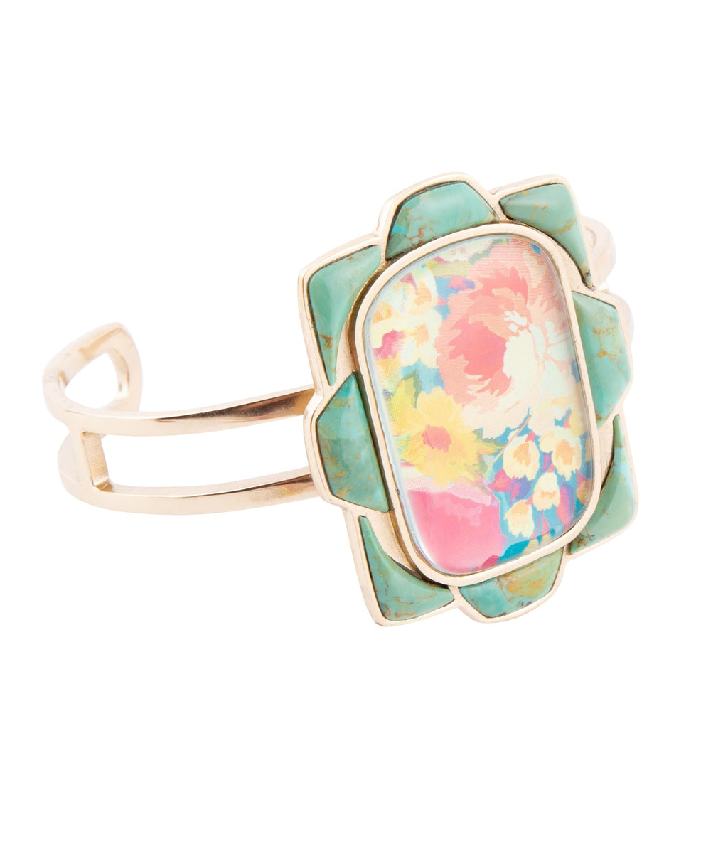 Scenic Floral Blue Turquoise and Golden Cuff Bracelet