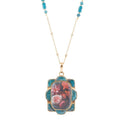 Scenic Red Florals Blue Apatite Golden Pendant Necklace