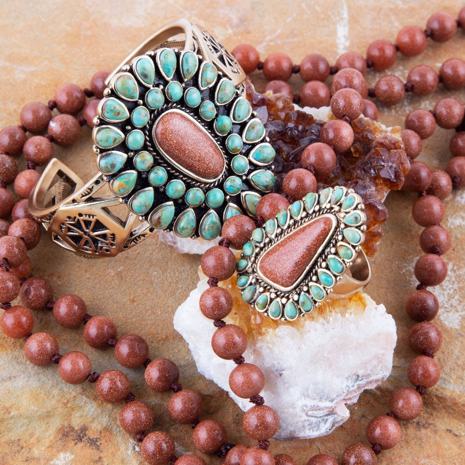 Sedona Blue Turquoise Orange Goldstone Golden Statement Ring
