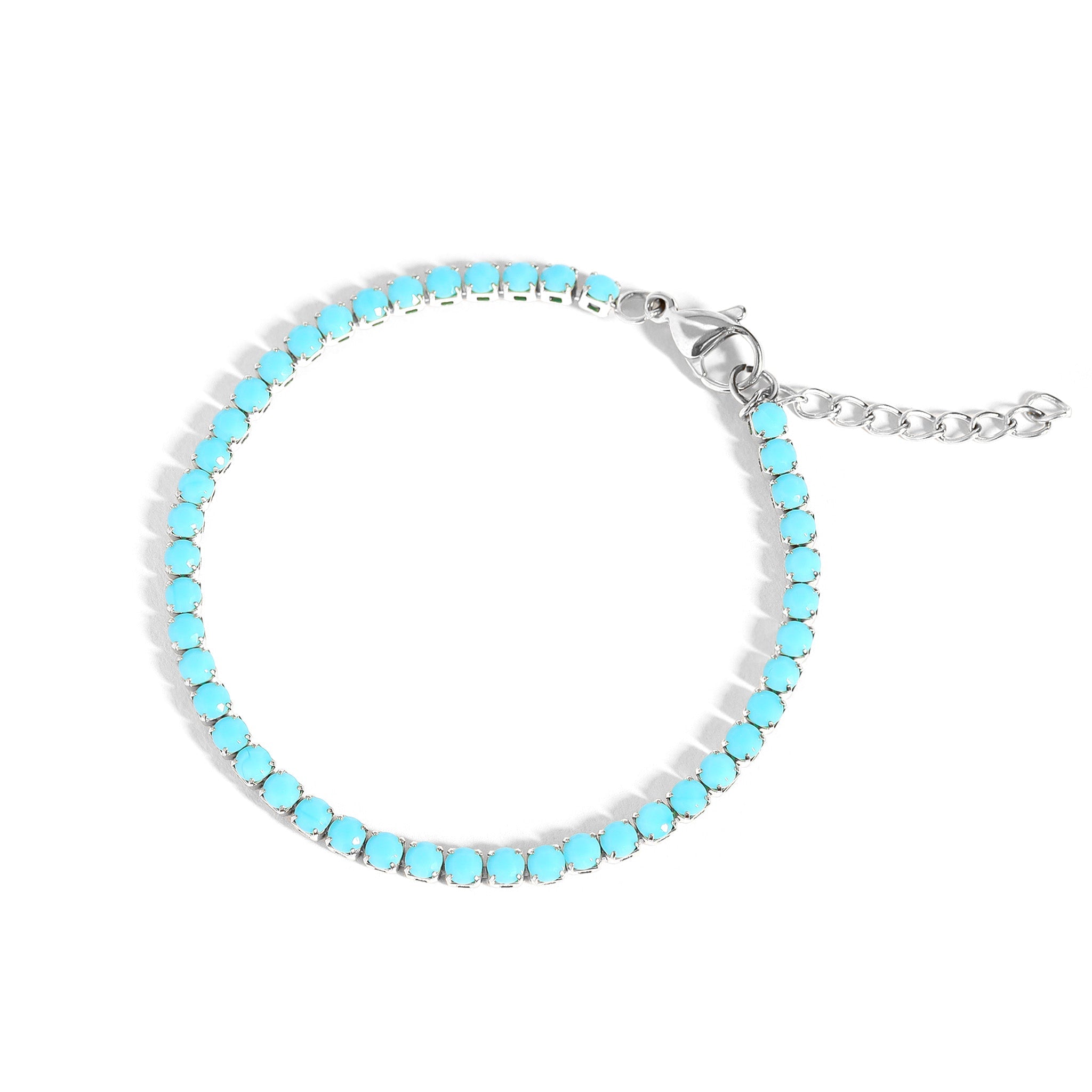 Turquoise Tennis Bracelet - Stainless Steel Rhinestone Chain With Extender