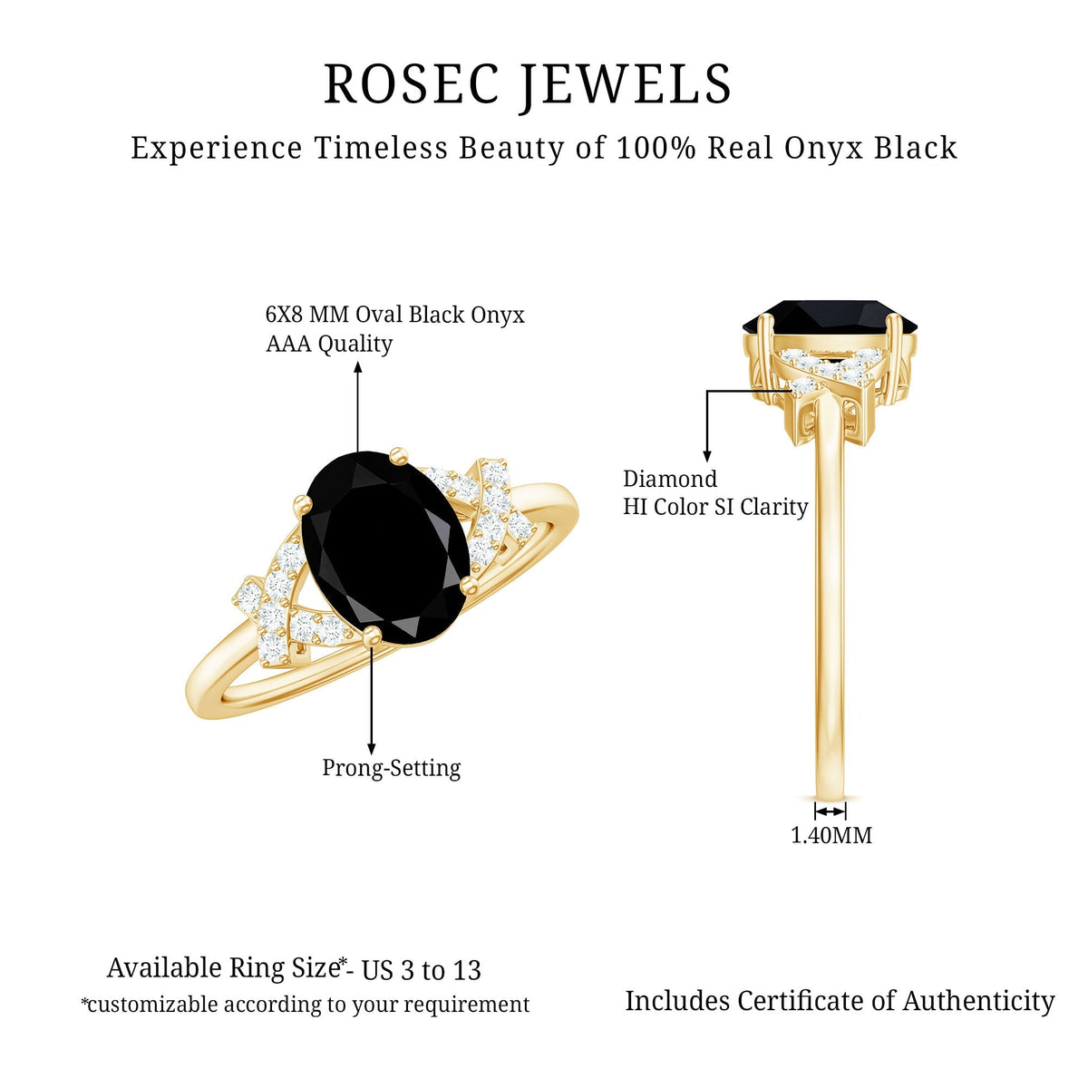 Solitaire Black Onyx Oval Engagement Ring in Split Shank