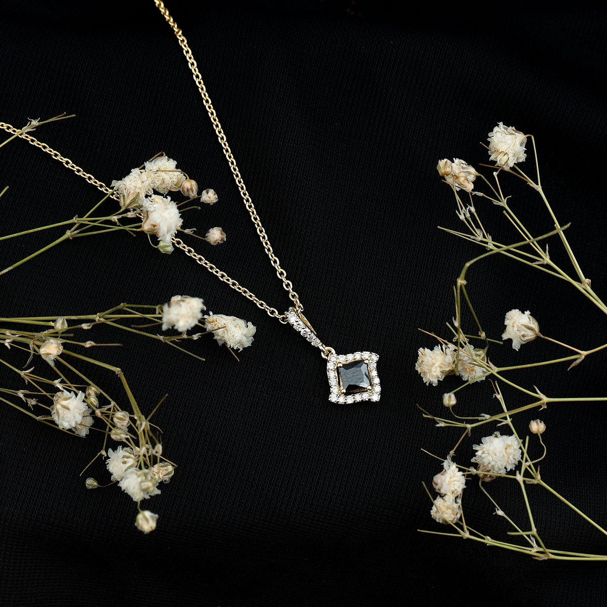 Sterling Silver Black Spinel Necklace with Diamond Halo