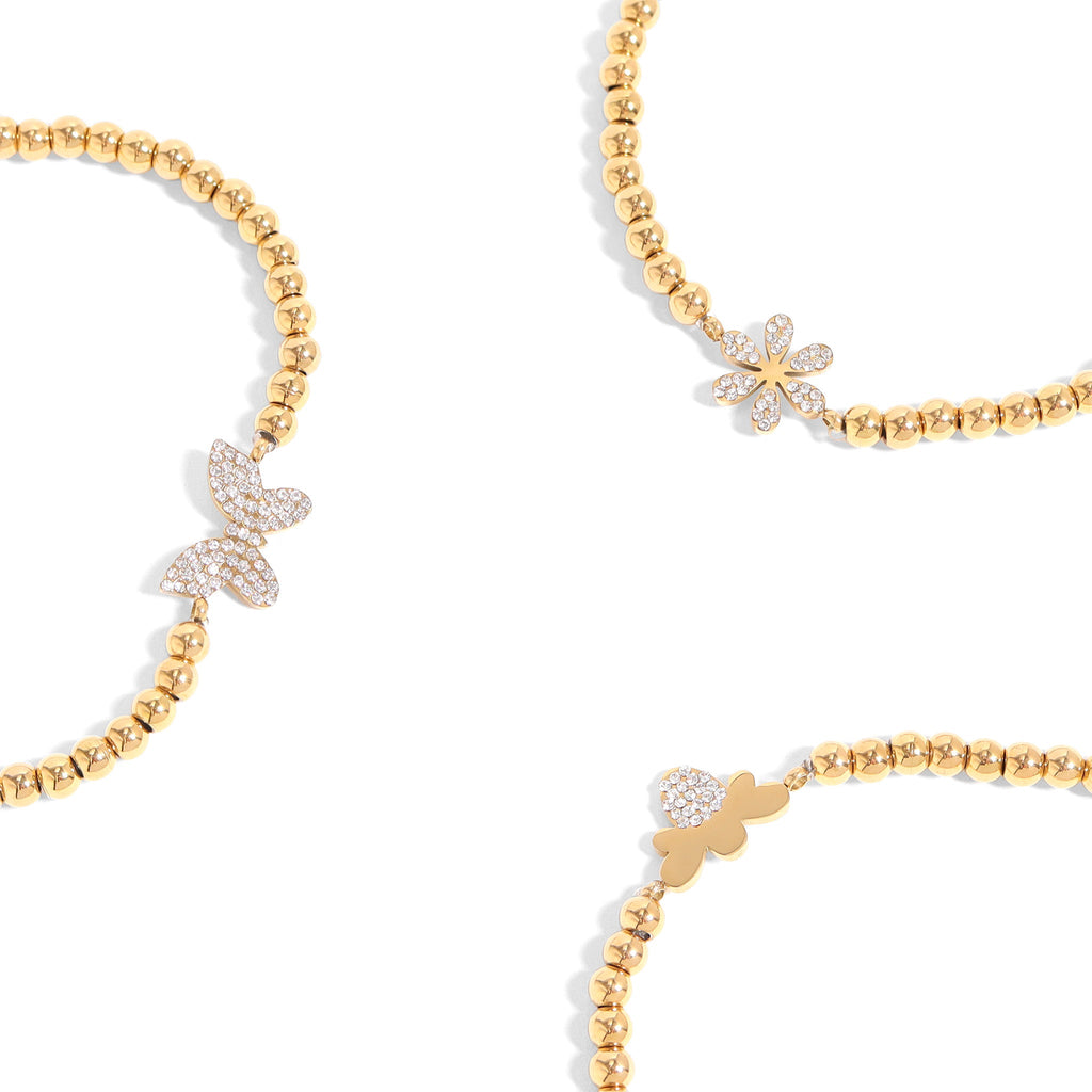 Gold Beaded Bracelet – Adjustable Stretch With Butterfly Charm | Stainless Steel Jewelry