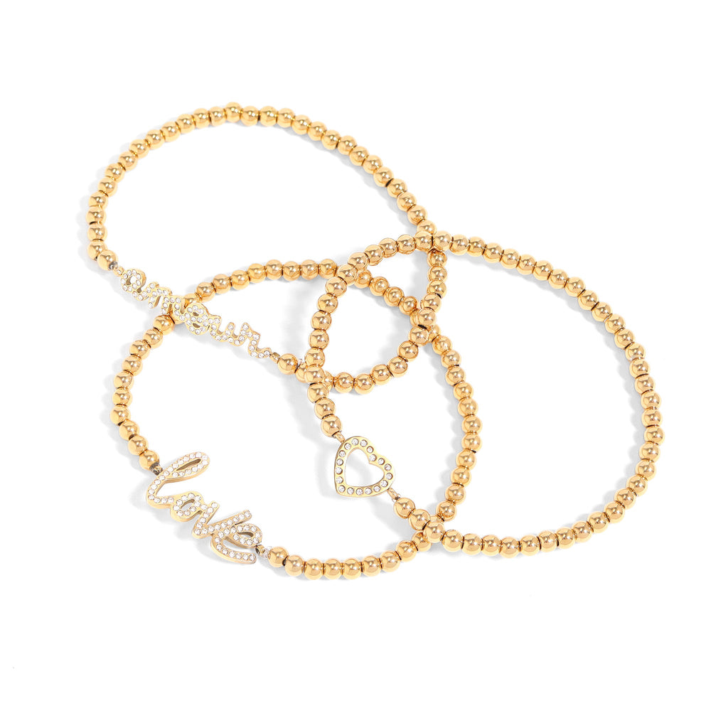Gold Beaded Bracelet – 18K Gold PVD Stainless Steel Stretch With Heart Charm