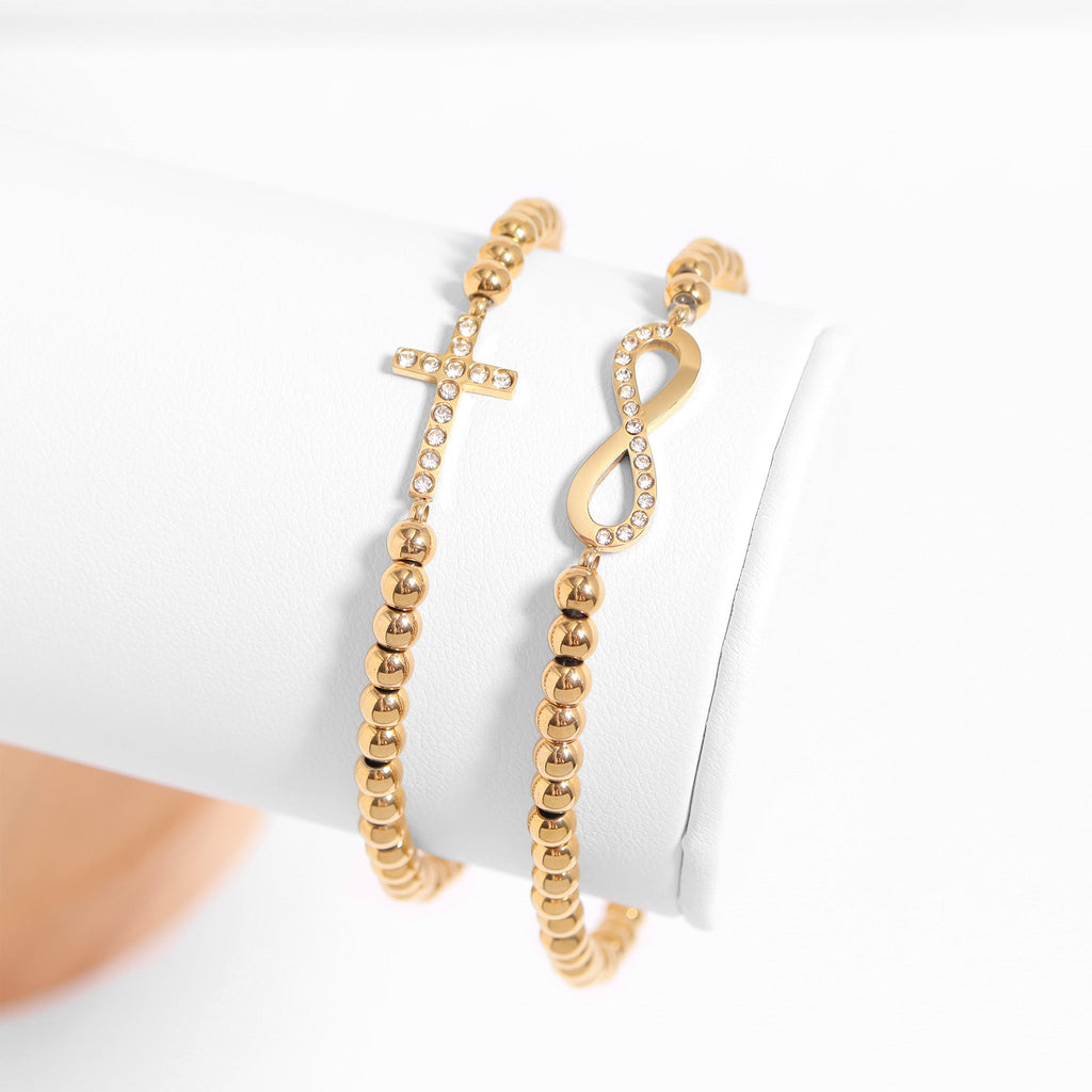 Gold Beaded Bracelet – Adjustable Stretch Band with Stone Cross Charm