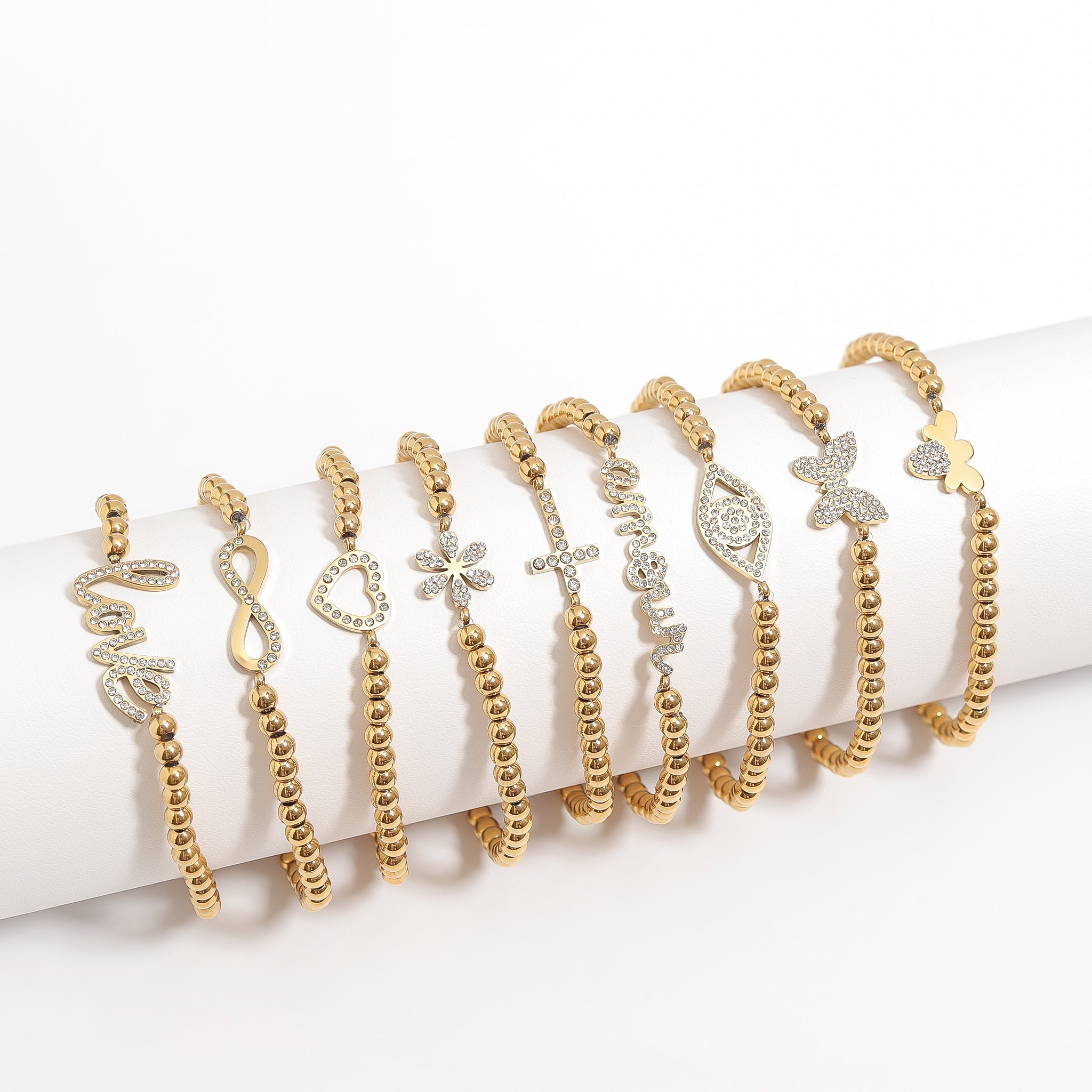 Gold Beaded Bracelet – Adjustable Stretch Band with Stone Cross Charm