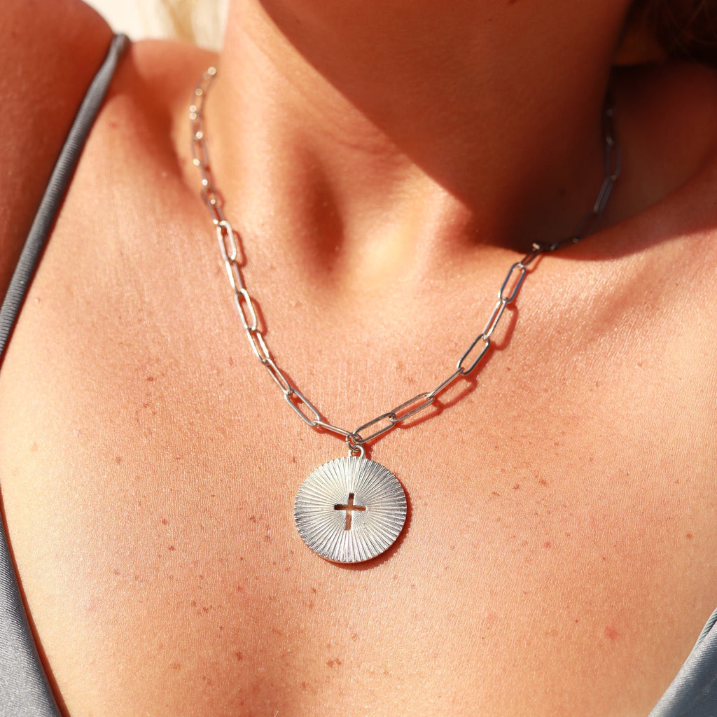 Sunburst Cross Necklace – 18K Gold Pendant On Adjustable Paperclip Chain - Necklaces | Sunflower Soul Boutique