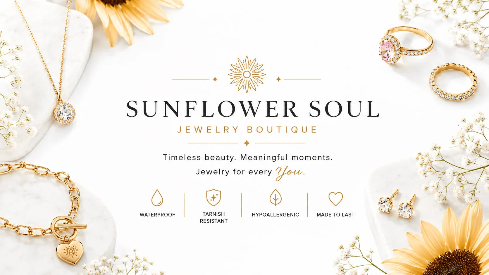 Promotional banner for 'Sunflower Soul Jewelry Boutique' featuring gold jewelry items like necklaces, rings, and a bracelet styled on a white background with sunflower and baby's breath props. The center features the boutique's name, logo, tagline, and feature icons for waterproof, tarnish resistant, hypoallergenic, and made last.