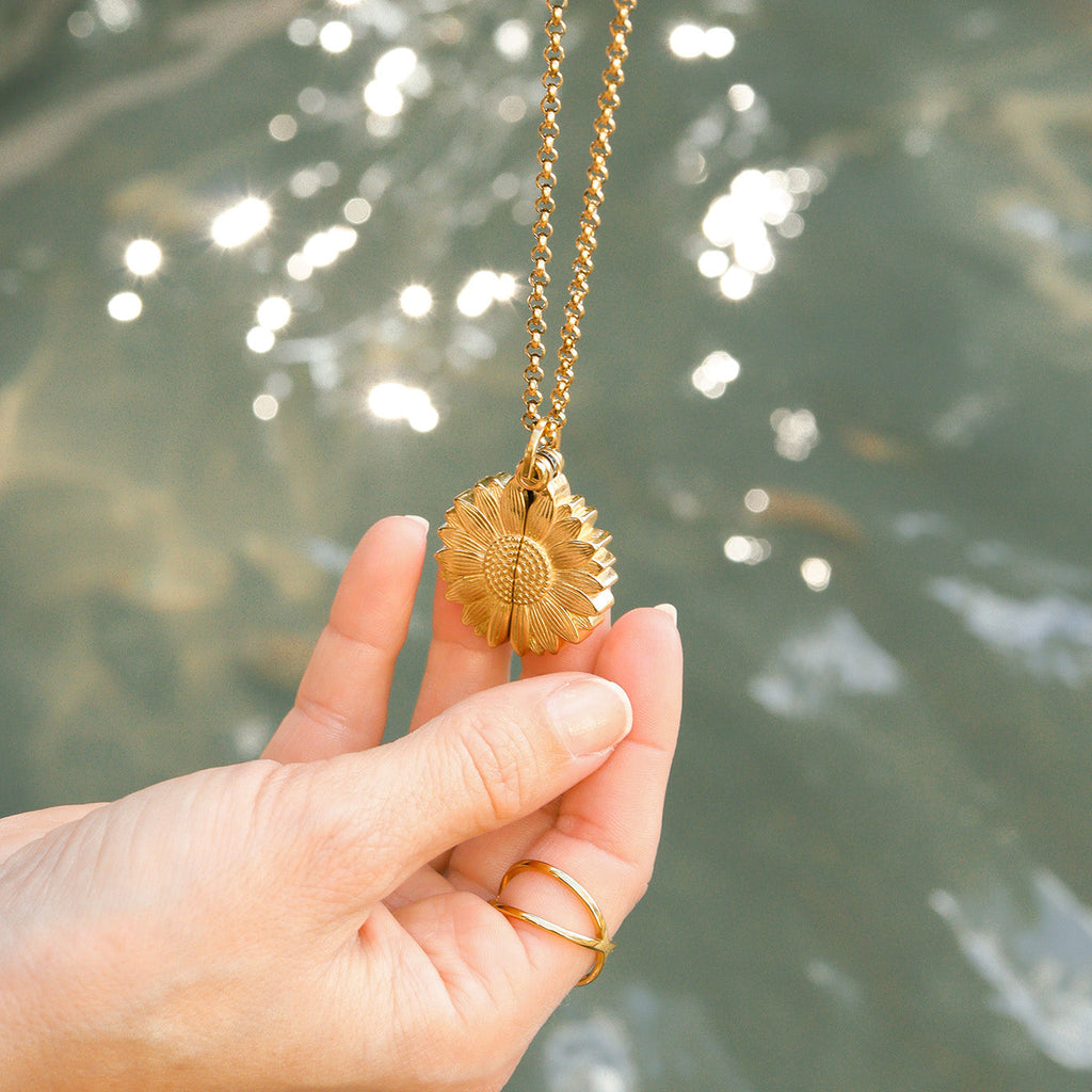 Gold Sunflower Necklace – Hidden Message Butterfly Pendant, 18K PVD Stainless Steel Jewelry
