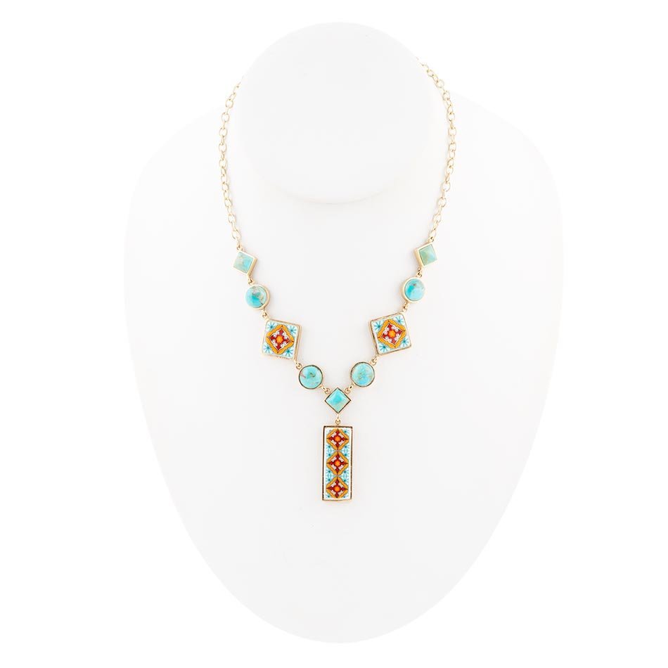 Talavera Tile and Blue Turquoise Golden Y-Neck Necklace