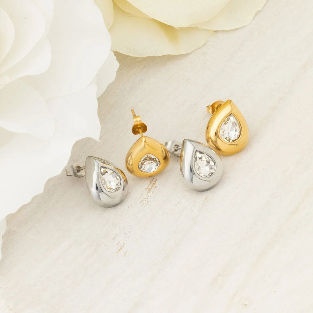 18K Gold PVD Stainless Steel Clear Stone Tear Drop Stud Earrings- gold and silver studio