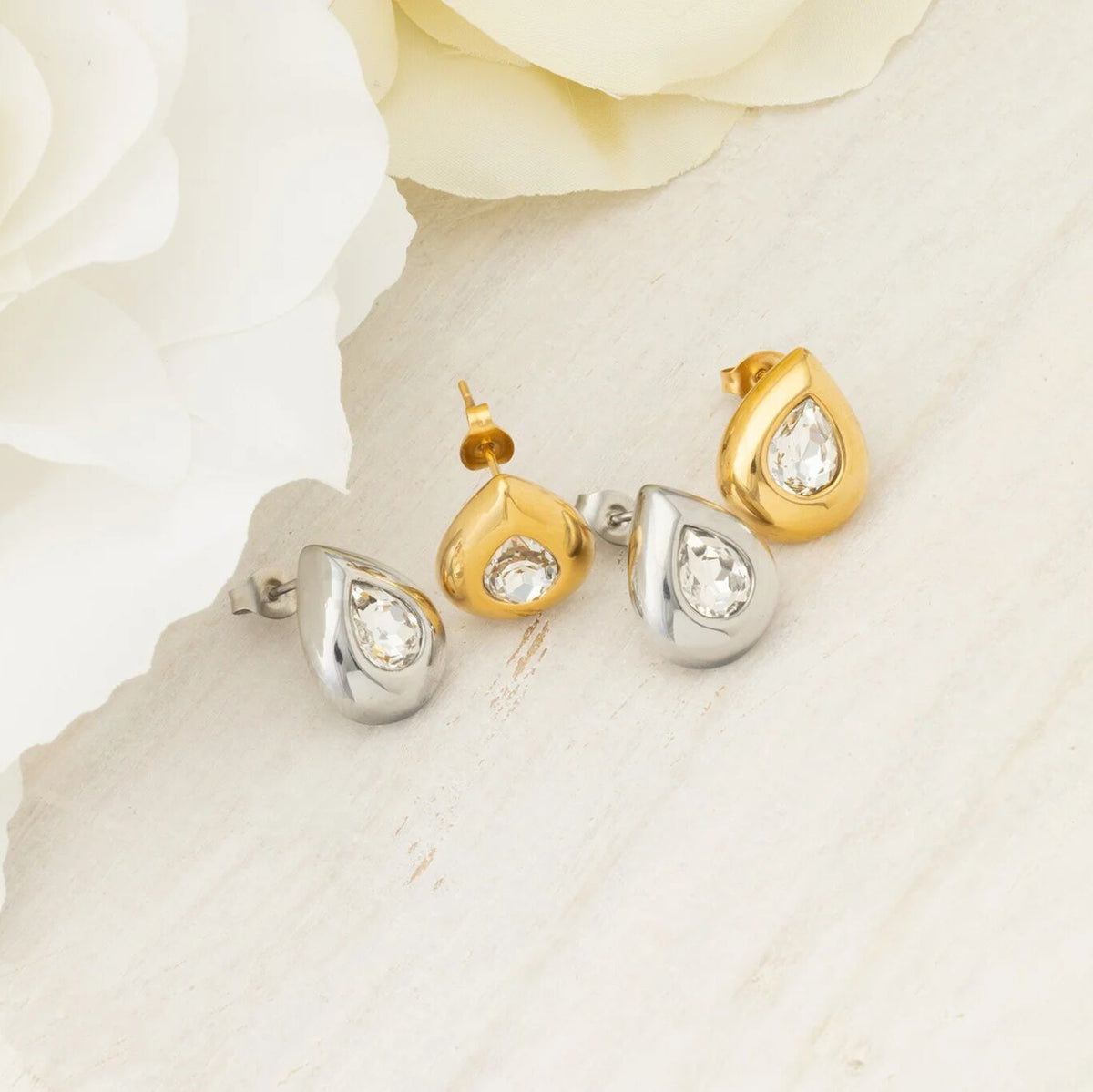 18K Gold PVD Stainless Steel Clear Stone Tear Drop Stud Earrings- gold and silver studio