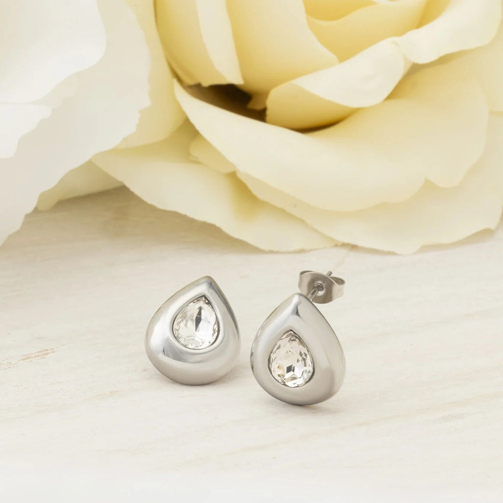 18K Gold PVD Stainless Steel Clear Stone Tear Drop Stud Earrings- silver studio