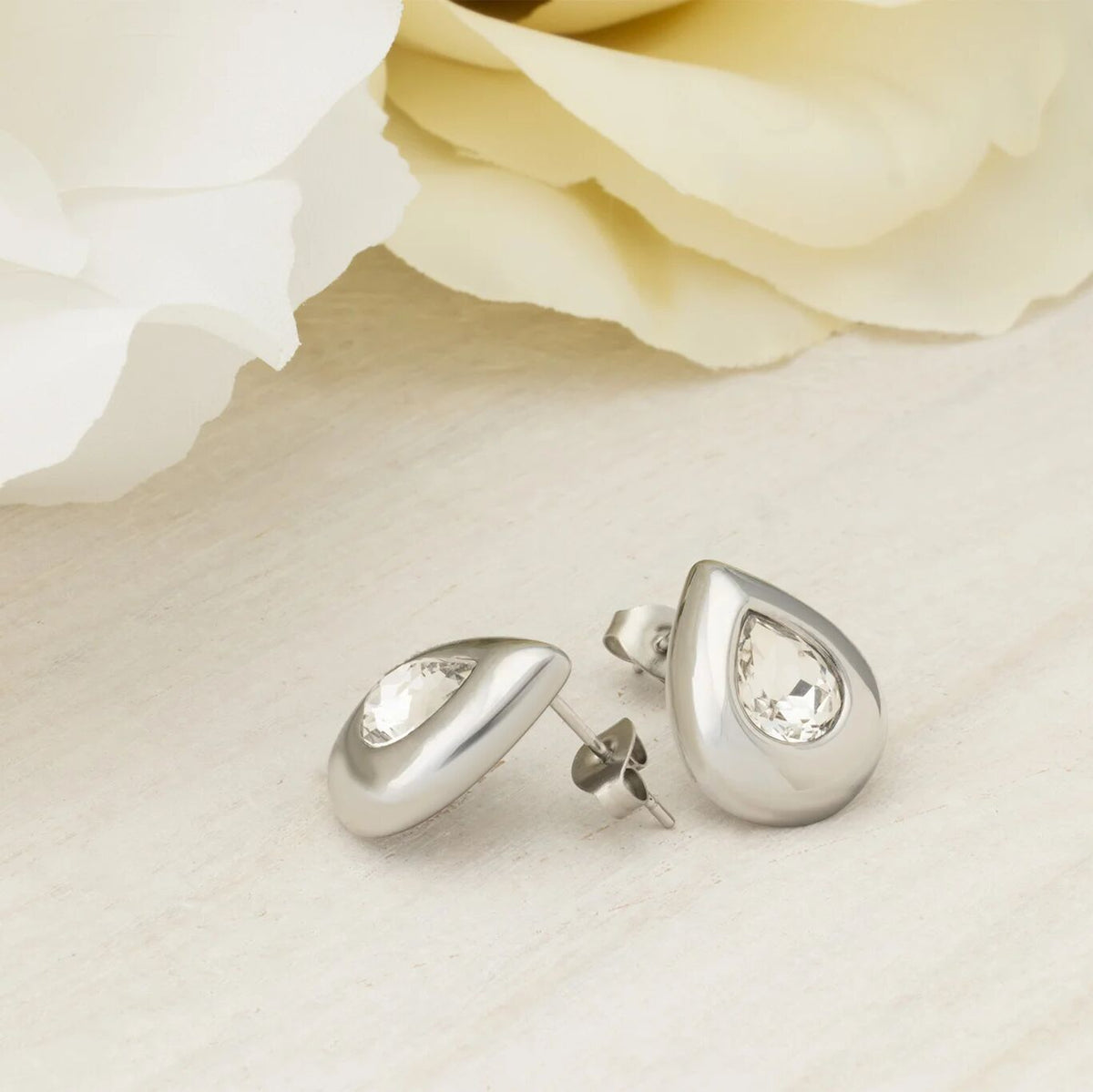18K Gold PVD Stainless Steel Clear Stone Tear Drop Stud Earrings- silver studio