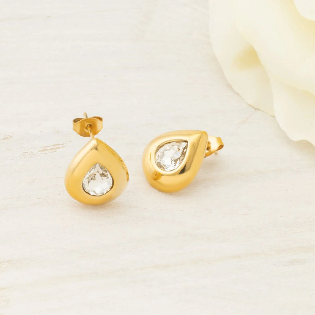 18K Gold PVD Stainless Steel Clear Stone Tear Drop Stud Earrings- gold studio