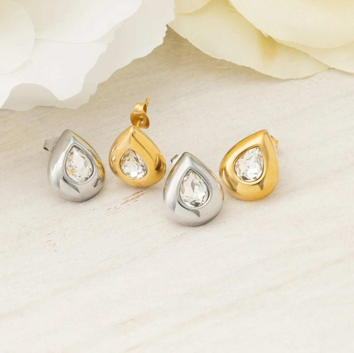18K Gold PVD Stainless Steel Clear Stone Tear Drop Stud Earrings- gold and silver studio