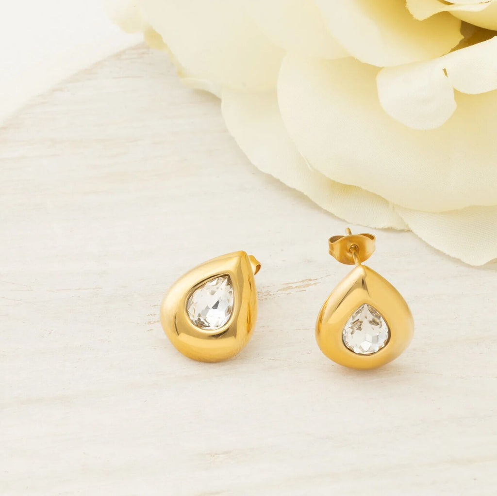 18K Gold PVD Stainless Steel Clear Stone Tear Drop Stud Earrings- gold studio