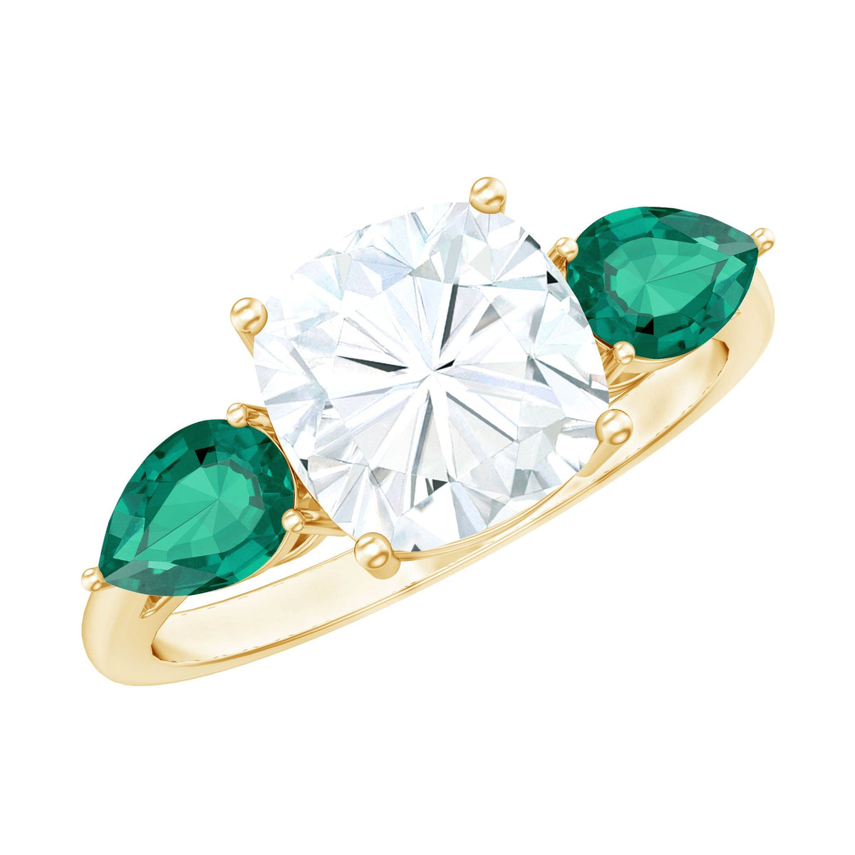 Three Stone Engagement Ring – 3 Ct Cushion Cut Moissanite with Pear Cut Emerald