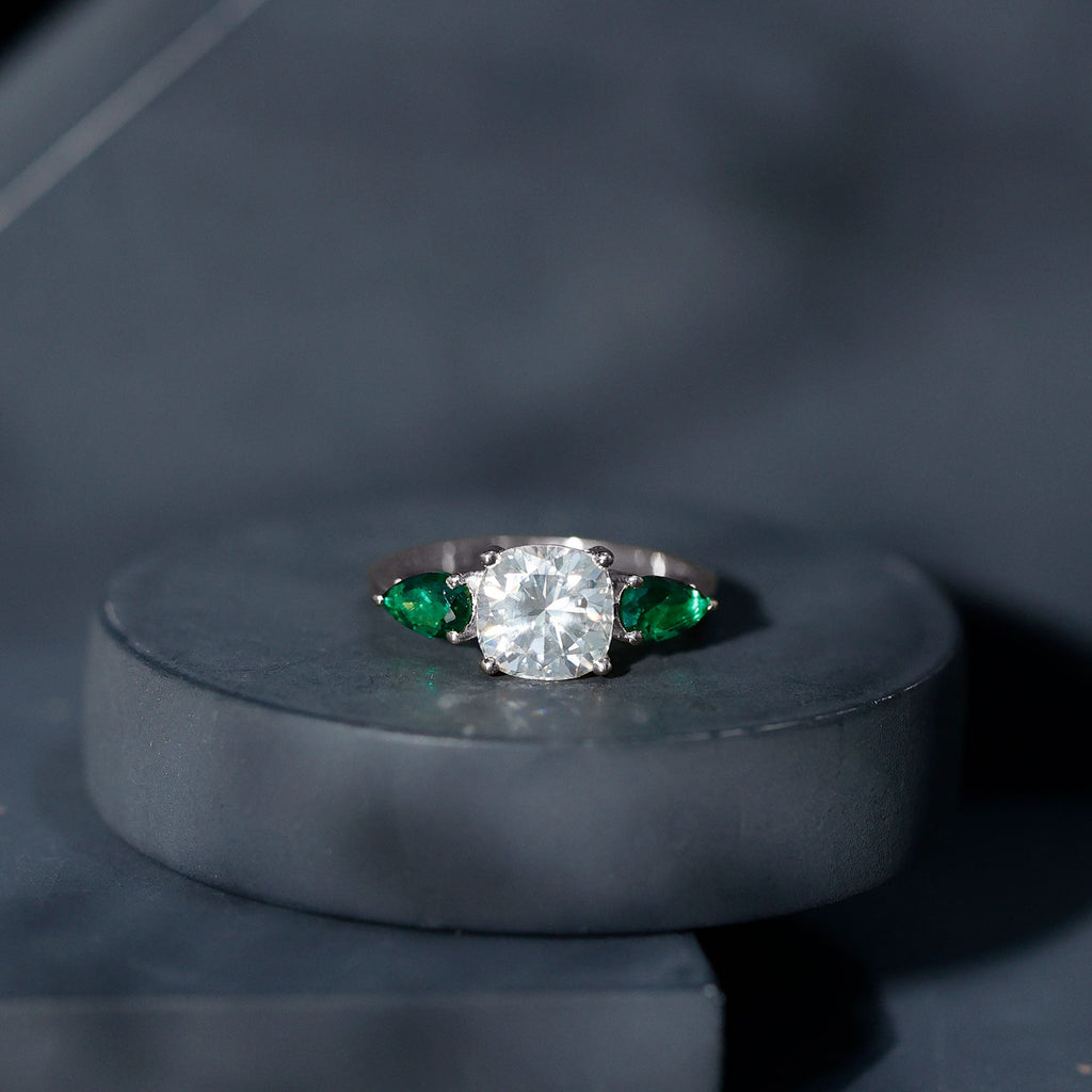 Three Stone Engagement Ring – 3 Ct Cushion Cut Moissanite with Pear Cut Emerald
