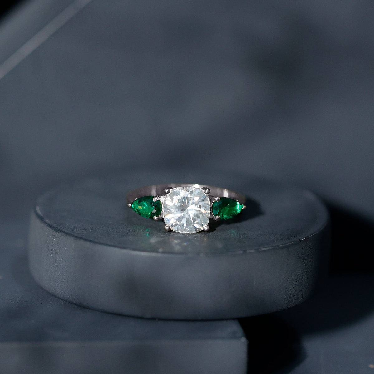 Three Stone Engagement Ring – 3 Ct Cushion Cut Moissanite with Pear Cut Emerald