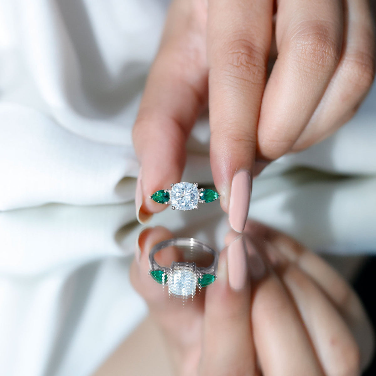 Three Stone Engagement Ring – 3 Ct Cushion Cut Moissanite with Pear Cut Emerald