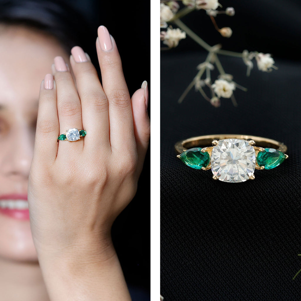 Three Stone Engagement Ring – 3 Ct Cushion Cut Moissanite with Pear Cut Emerald