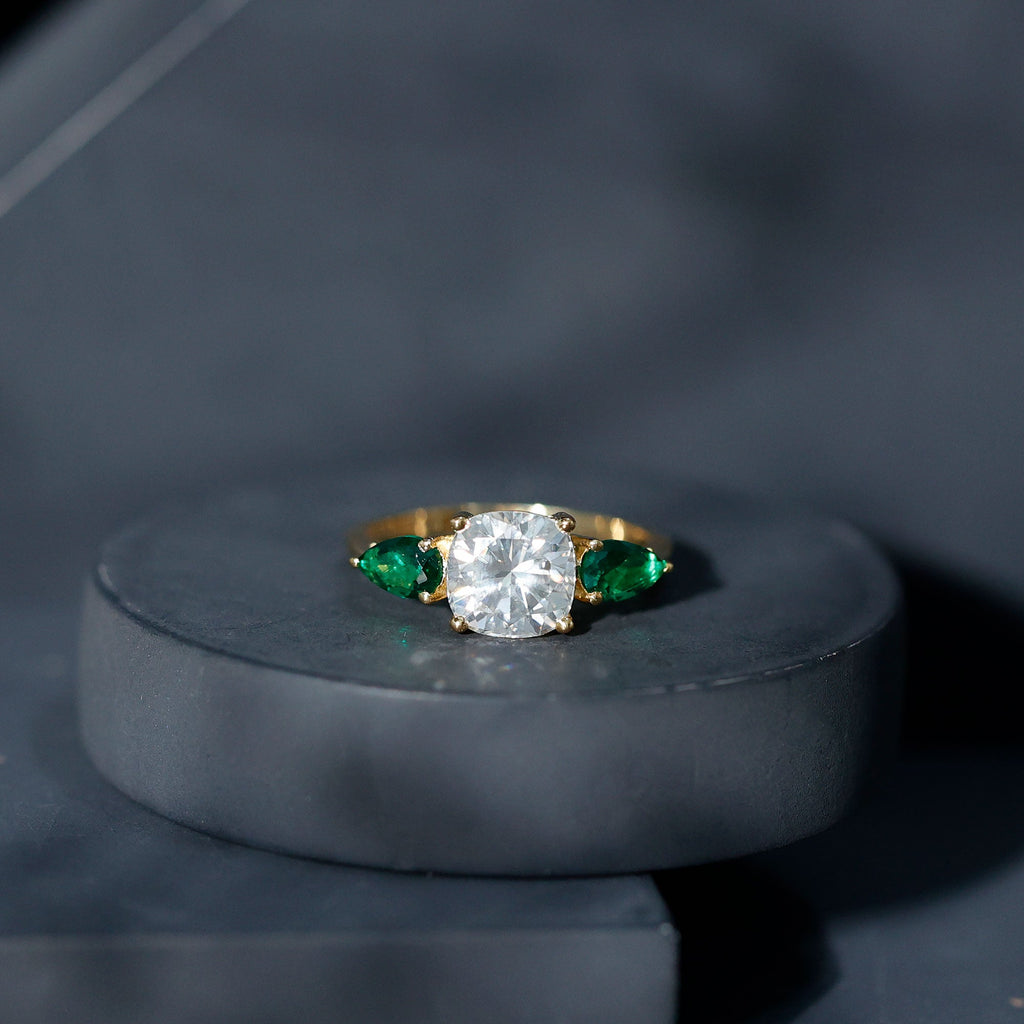 Three Stone Engagement Ring – 3 Ct Cushion Cut Moissanite with Pear Cut Emerald