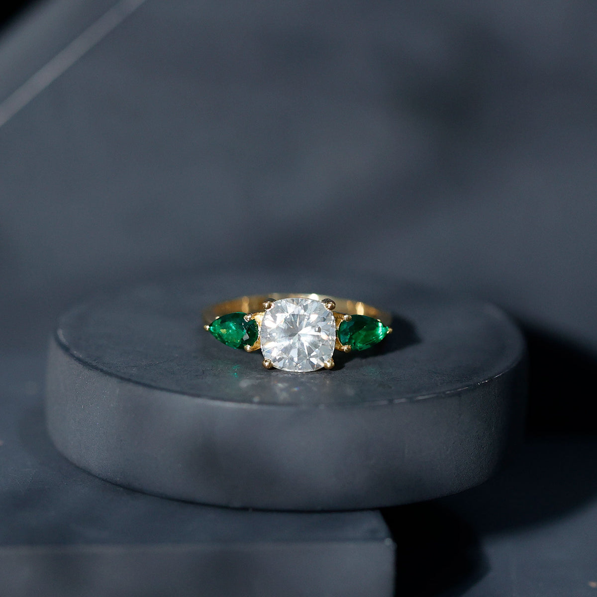 Three Stone Engagement Ring – 3 Ct Cushion Cut Moissanite with Pear Cut Emerald
