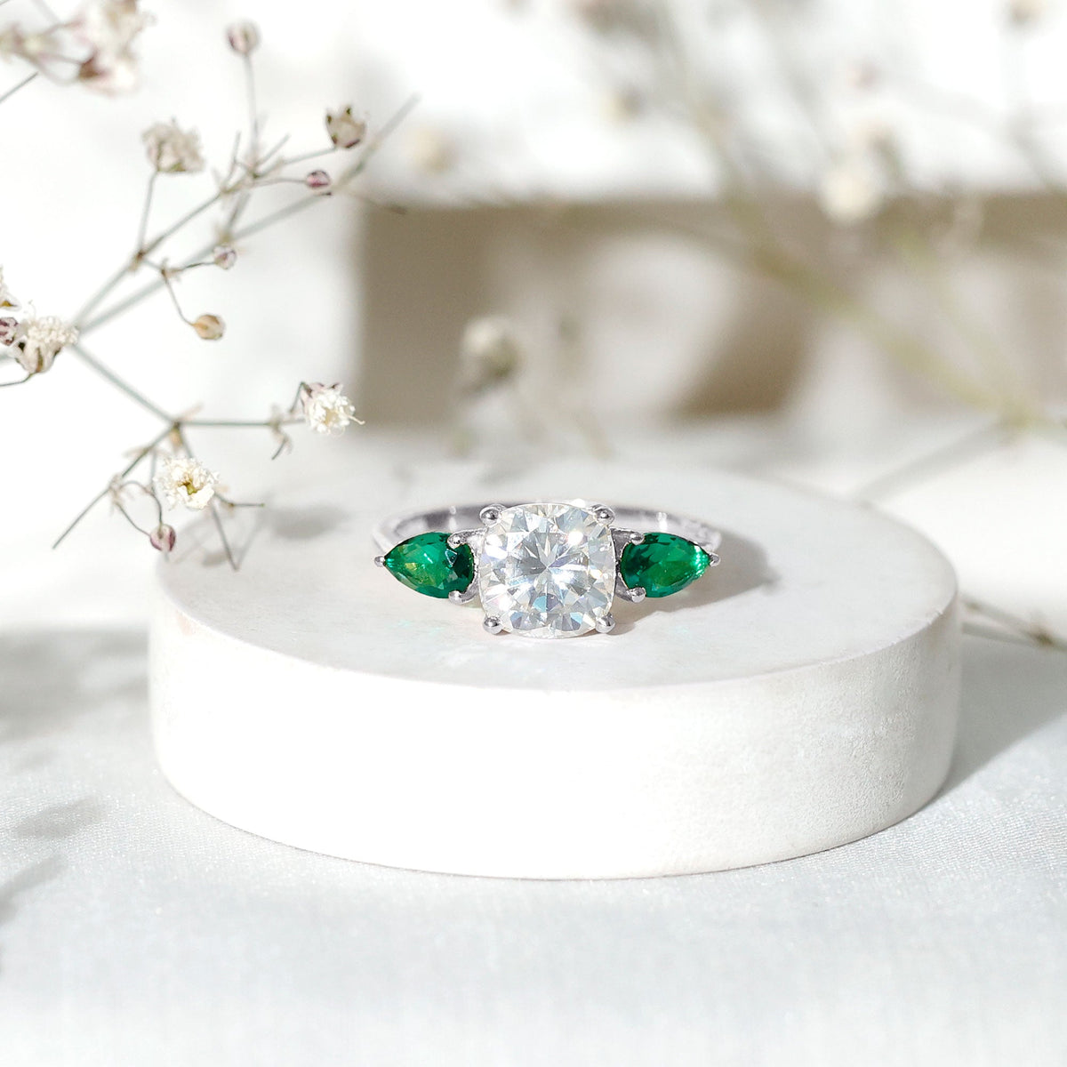 Three Stone Engagement Ring – 3 Ct Cushion Cut Moissanite with Pear Cut Emerald