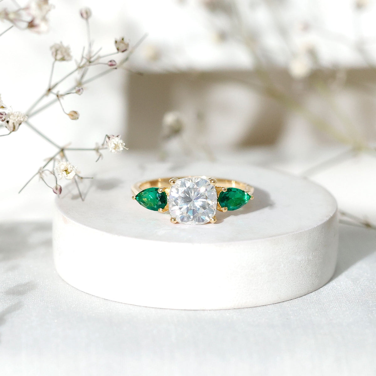 Three Stone Engagement Ring – 3 Ct Cushion Cut Moissanite with Pear Cut Emerald