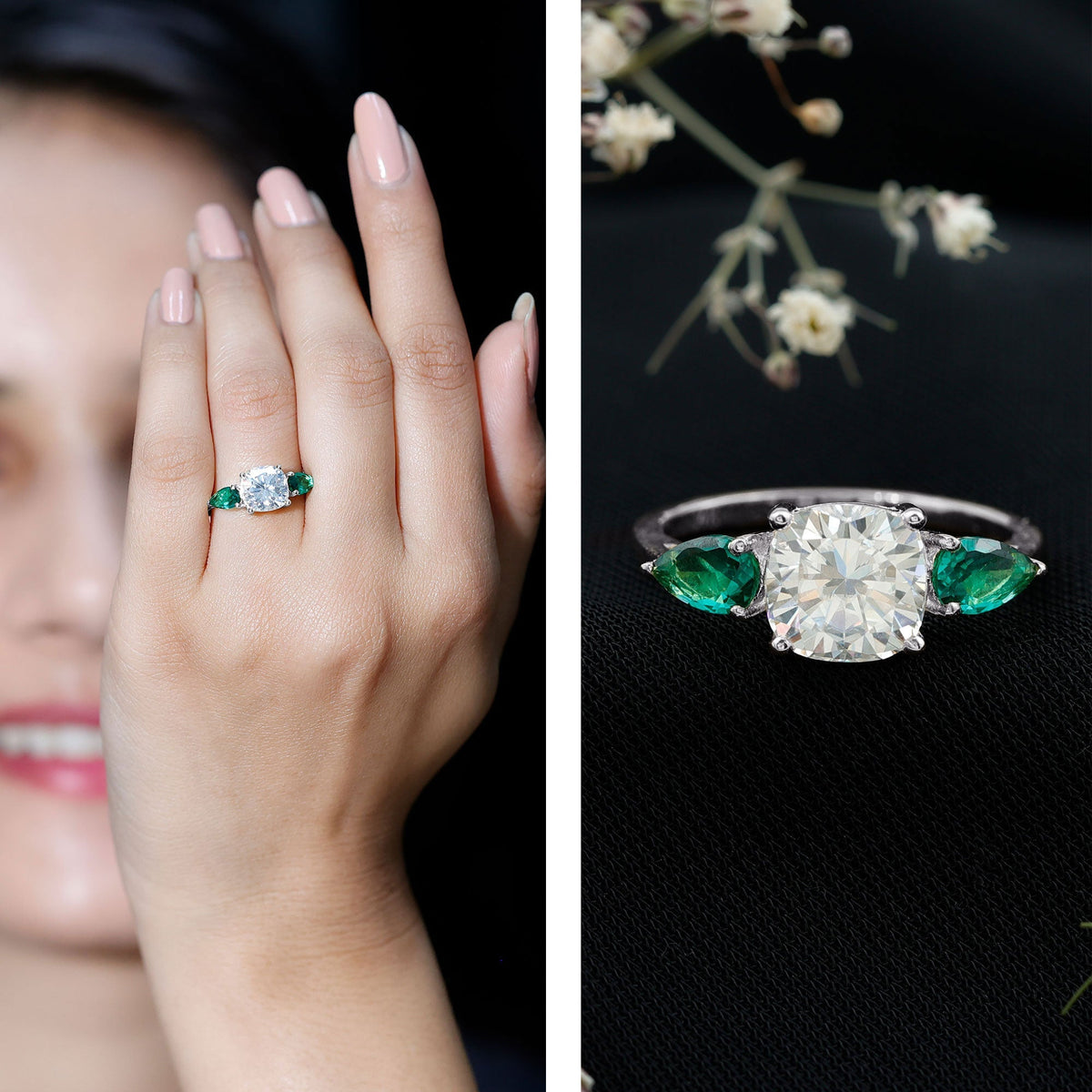Three Stone Engagement Ring – 3 Ct Cushion Cut Moissanite with Pear Cut Emerald