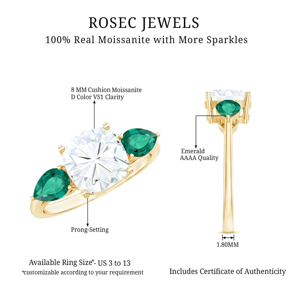 Three Stone Engagement Ring – 3 Ct Cushion Cut Moissanite with Pear Cut Emerald