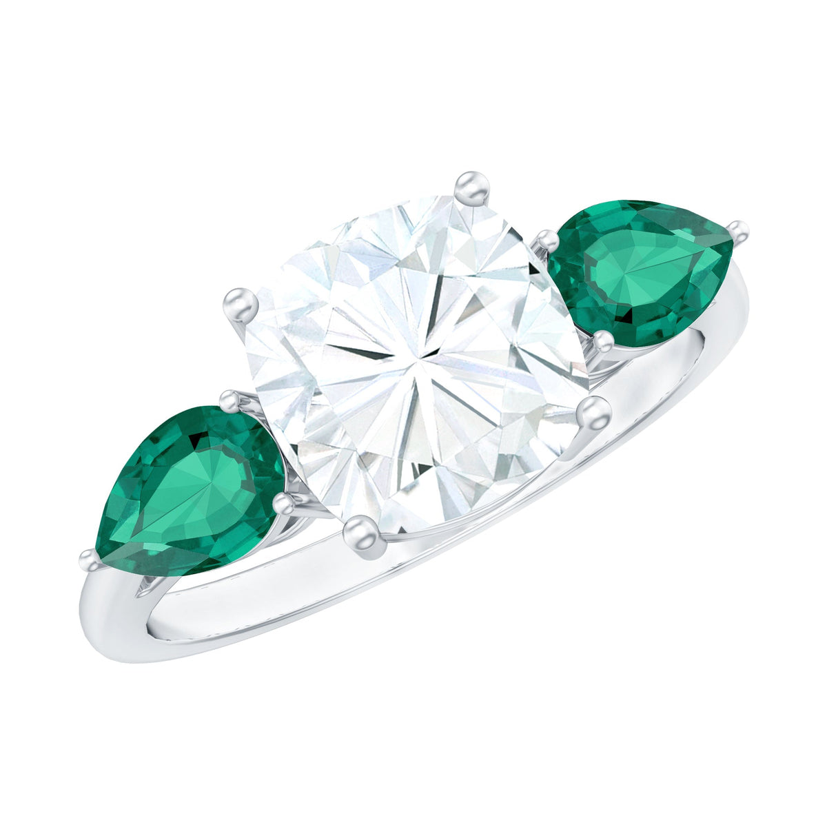 Three Stone Engagement Ring – 3 Ct Cushion Cut Moissanite with Pear Cut Emerald